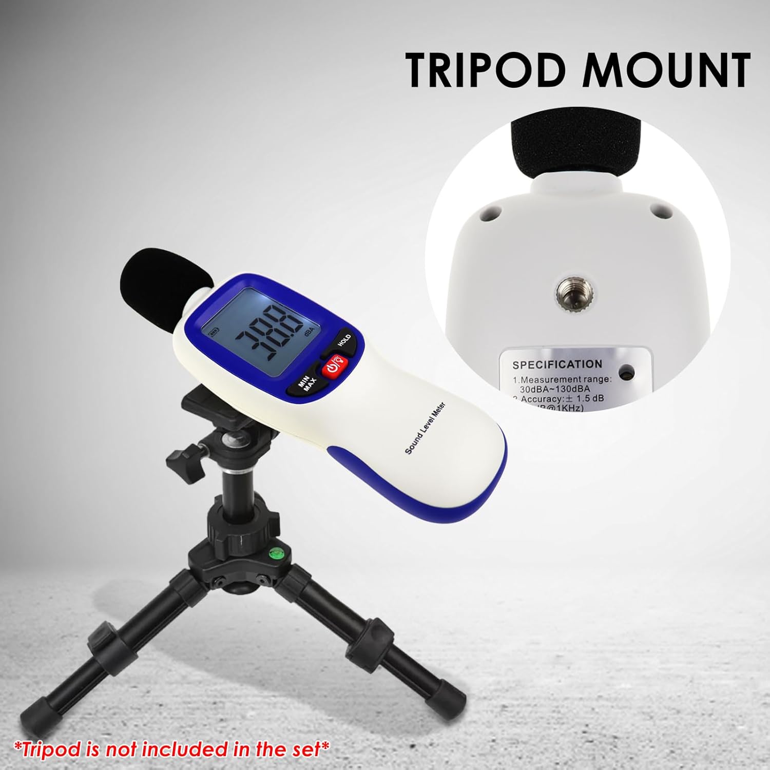 Landtek Decibel Meter mounted on a tripod, highlighting its 1/4 inch tripod mount thread.