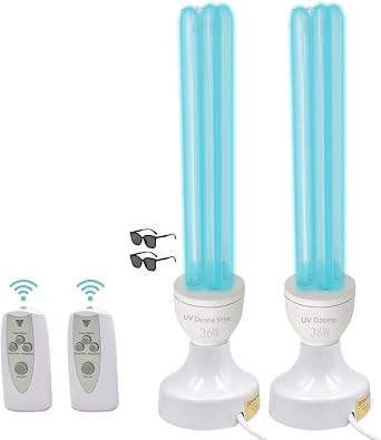 2 Pack U-V Lamp with Remote Control, Powerful U-V Light Bulb with Glasses, for Basement, Bedroom, Closet, Bathroom, Hospital, Aquarium, Hotel, Factory 72W 1 Ozone + 1 Ozone Free