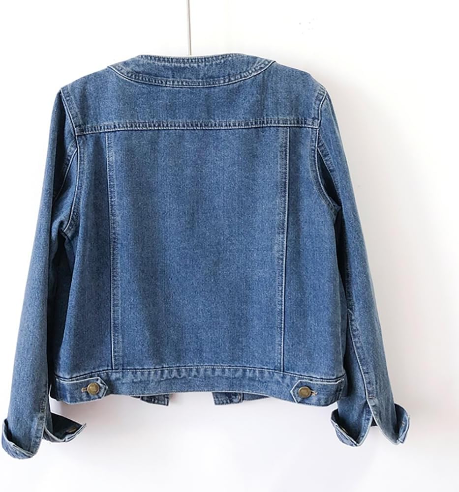 Women’s Collarless Long Sleeve Denim Jacket Round Neck Button Down Jean Jackets - Image 2
