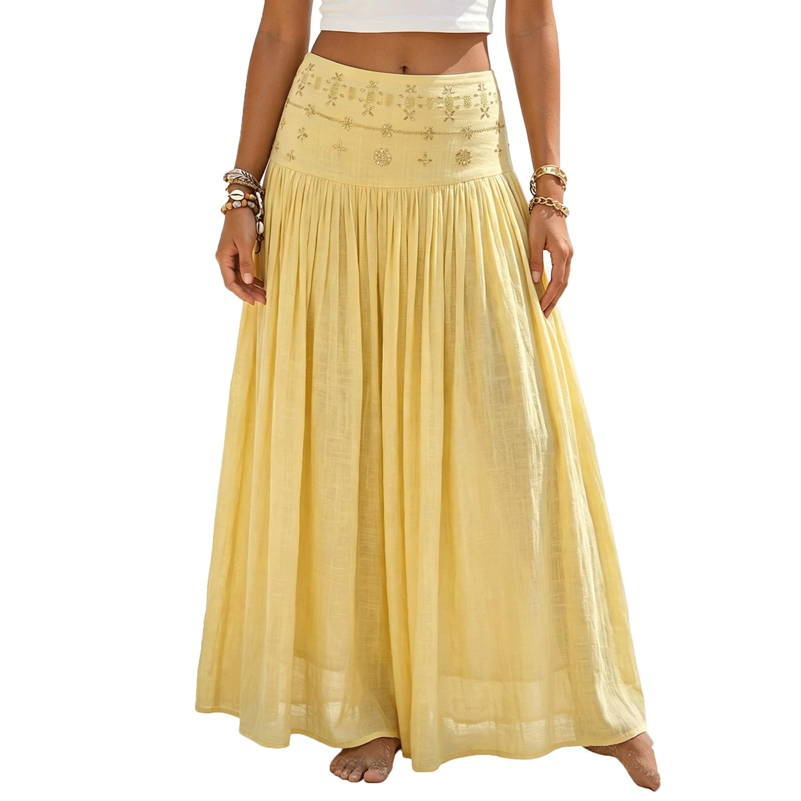 UYHBCNQD Women's Maxi Skirts Solid Color Midi Long Skirt Rhinestone Decor(Gelb,Lagre)