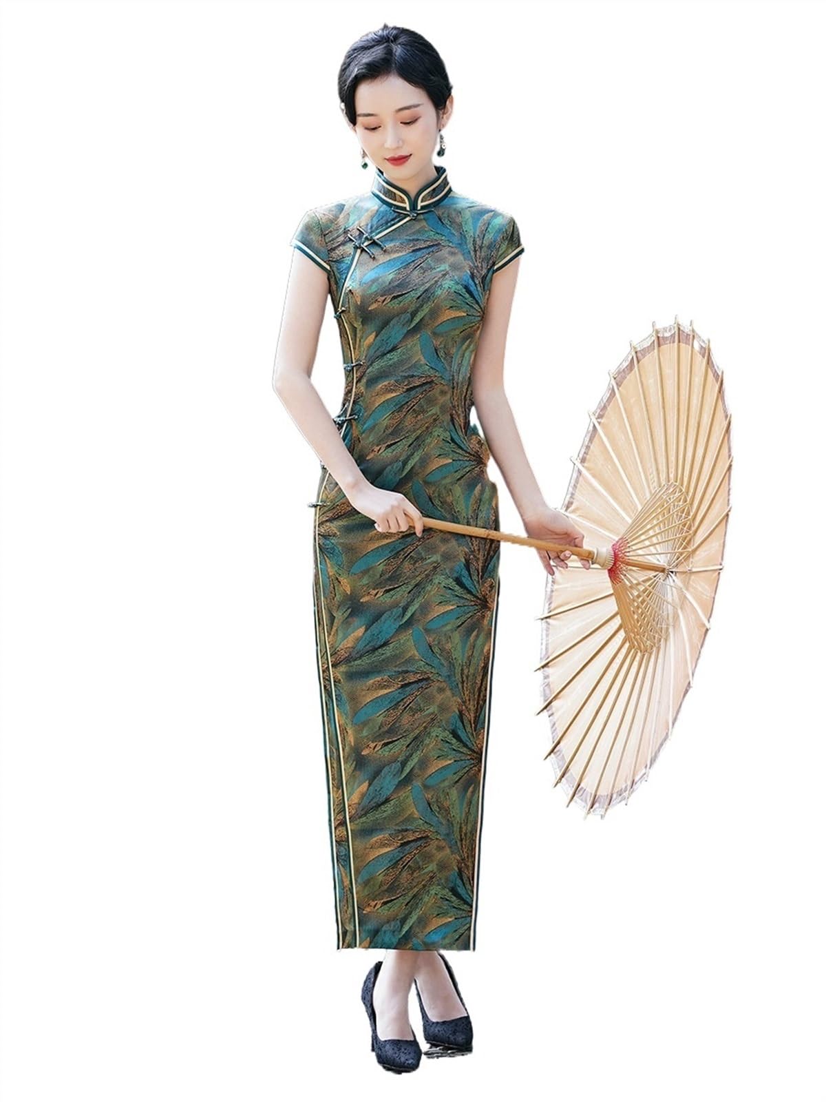 LASTRAN Cheongsam for Women Vintage Chinese Traditional Dress Mandarin Collar Short Sleeve Side Slit Qipao Bodycon Costume(3XL)
