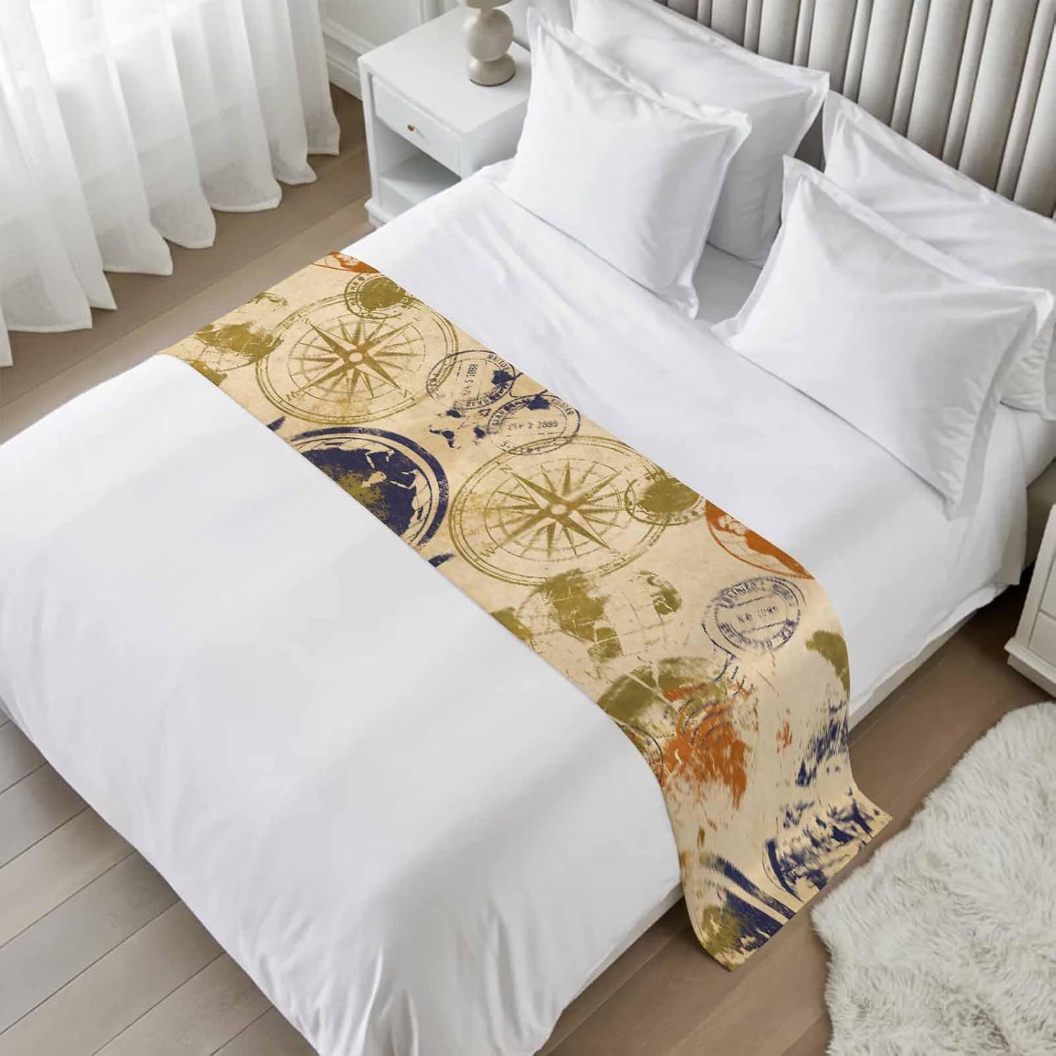 Vintage Globe Bed Runner Cal King Size, Abstract Travel Adventure Compass Bed Scarf Protector Slipcover for Bedroom Wedding Room Hotel, Bedding Runner Throws for Foot of Beds 102"x20"