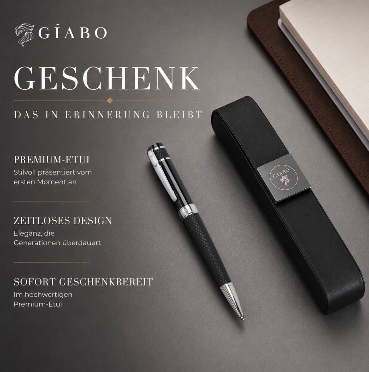 Gíabo Kugelschreiber hochwertig mit PU-Leder-Schaft und Chrome-Details | Schwarz schreibend | Edelstahl- und Messing-Mischung | Präzise Mine | Eleganter Business-Stift für Büro und besondere Anlässe