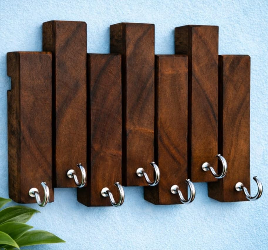 Image of 'Strips' Wooden Key Holder for Home Stylish Decor(7hooks) Real Wood. Key Hangers for wall Key Holder Stand Key Stand for wall Keychain Holder for wall