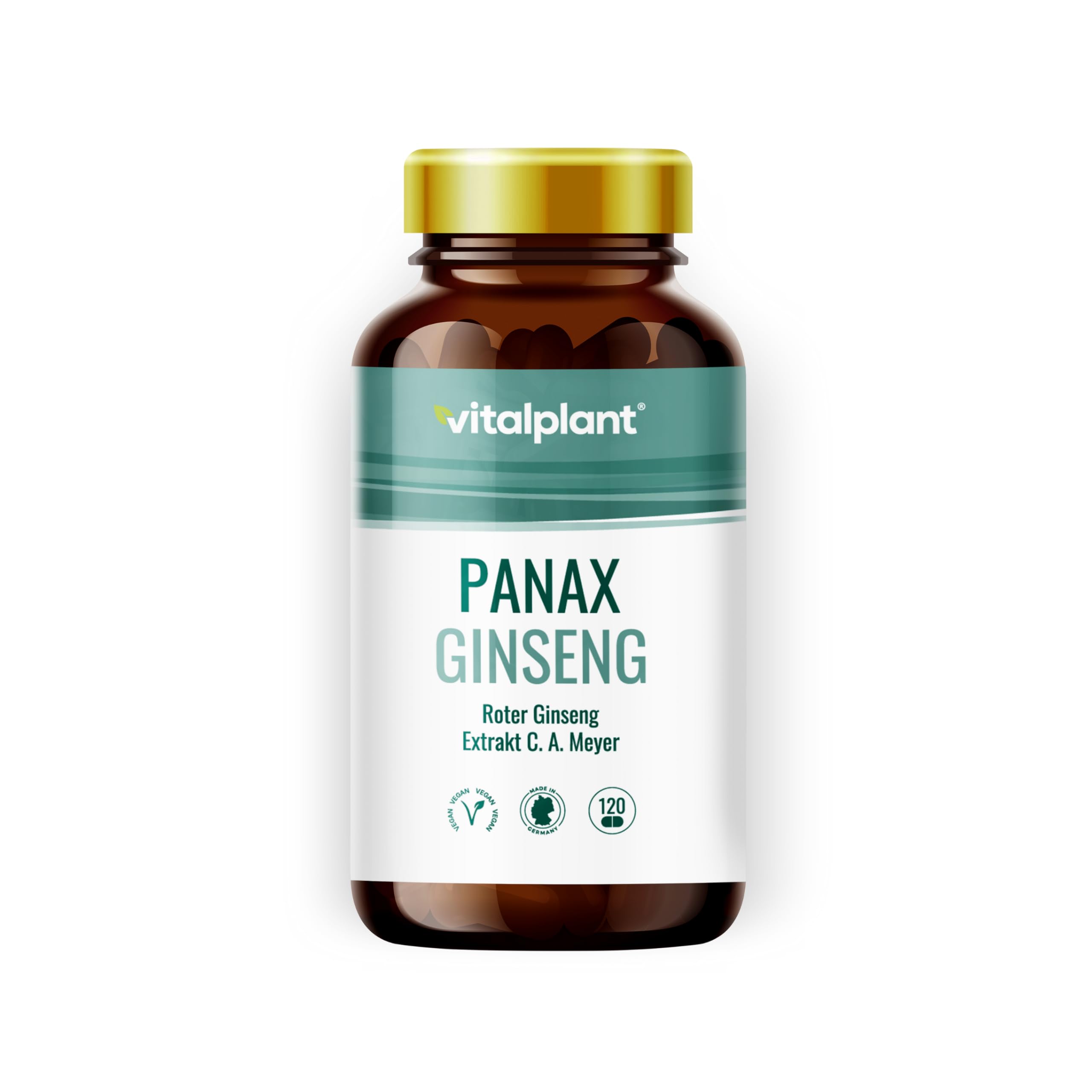 Vitalplant® Panax Ginseng C.A. Meyer im Braunglas | 500mg koreanischer roter Ginseng Extrakt mit 5% Ginsenoside | Hergestellt in pharmazeutischer Manufaktur in Deutschland | 120 vegane Kapseln