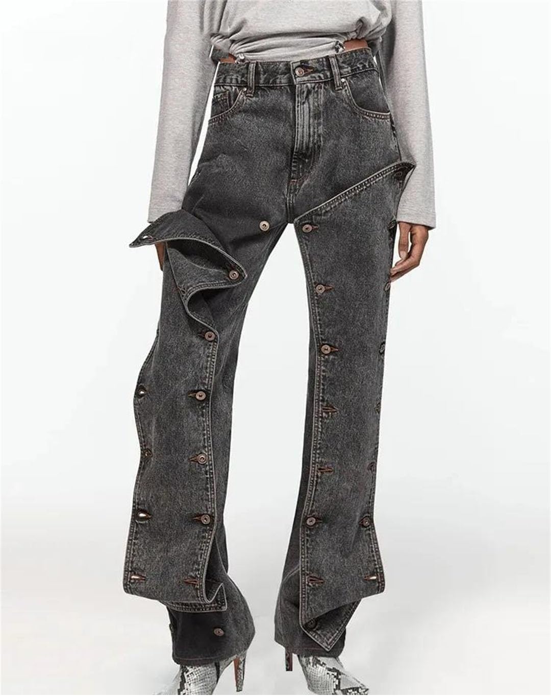 Women Solid Spliced Button Jeans High Waist Patchwork Pockets Vintage Casual Jean