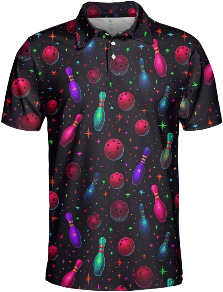 V-DECORPARKS Bowling Strike Polo Shirts for Men, Strike Mens Golf Polo Short Sleeve Sports Shirt Casual Tennis T-Shirt