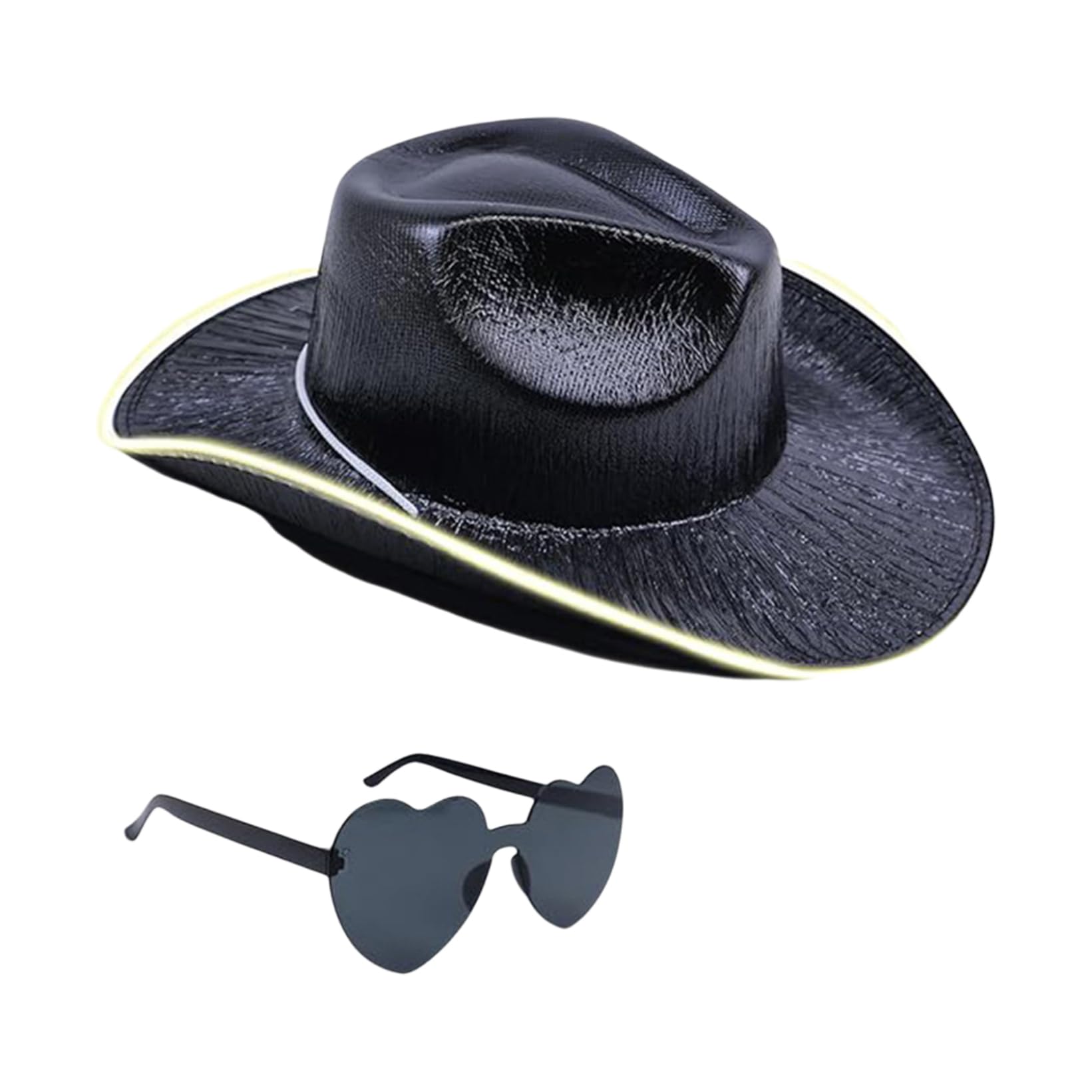 JanJean Unisex Cowboy Hat with Heart Glasses Light Up Flashing LED Brim Fun Hat for St Patrick Day Party Black One Size