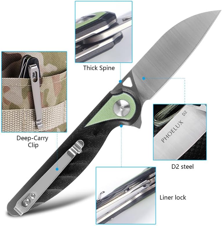 Pocket Folding Knife with Sharp Blade, G10 Handle, Pocket Clip, Liner Lock and Waterproof Box, Good for Survival Camping, Outdoor, Hiking, Hunting and EDC (Black and Green)