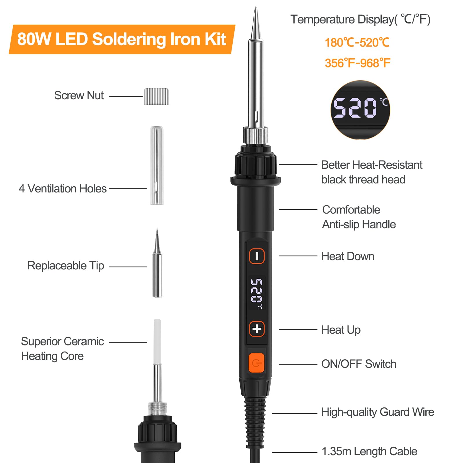 Kit de fer à souder 80 W LCD Température réglable 180-520 °C Outil de soudage électrique 15 en 1 avec interrupteur, fil à souder 50 g, 5 pointes de soudure, pompe à dessouder, pince à dénuder, support