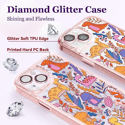 Image of Designed for iPhone 14 Case Pink Glitter Clear - Cute Bling Phone Case with Wrist Strap - Aesthetic Y2K Case for Woman, Girl 6.1 inch (Dinosaur)