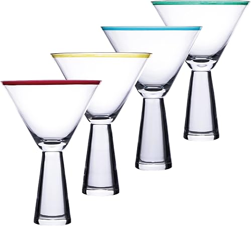 Paquete de 4 vasos de Martini Margarita soplados a mano, juegos de vidrio soplado a mano de borosilicato con borde de color y base alta con pies,