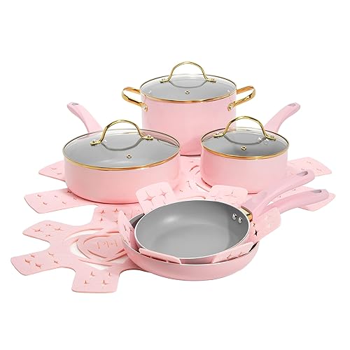 Paris Hilton Epic Nonstick Pots and Pans Set, Multi-layer Nonstick Coating, Tempered Glass Lids, Soft Touch, Stay Cool Handles, Made without PFOA, Dishwasher Safe Cookware Set, 12-Piece, Pink - 12-Piece - Pink