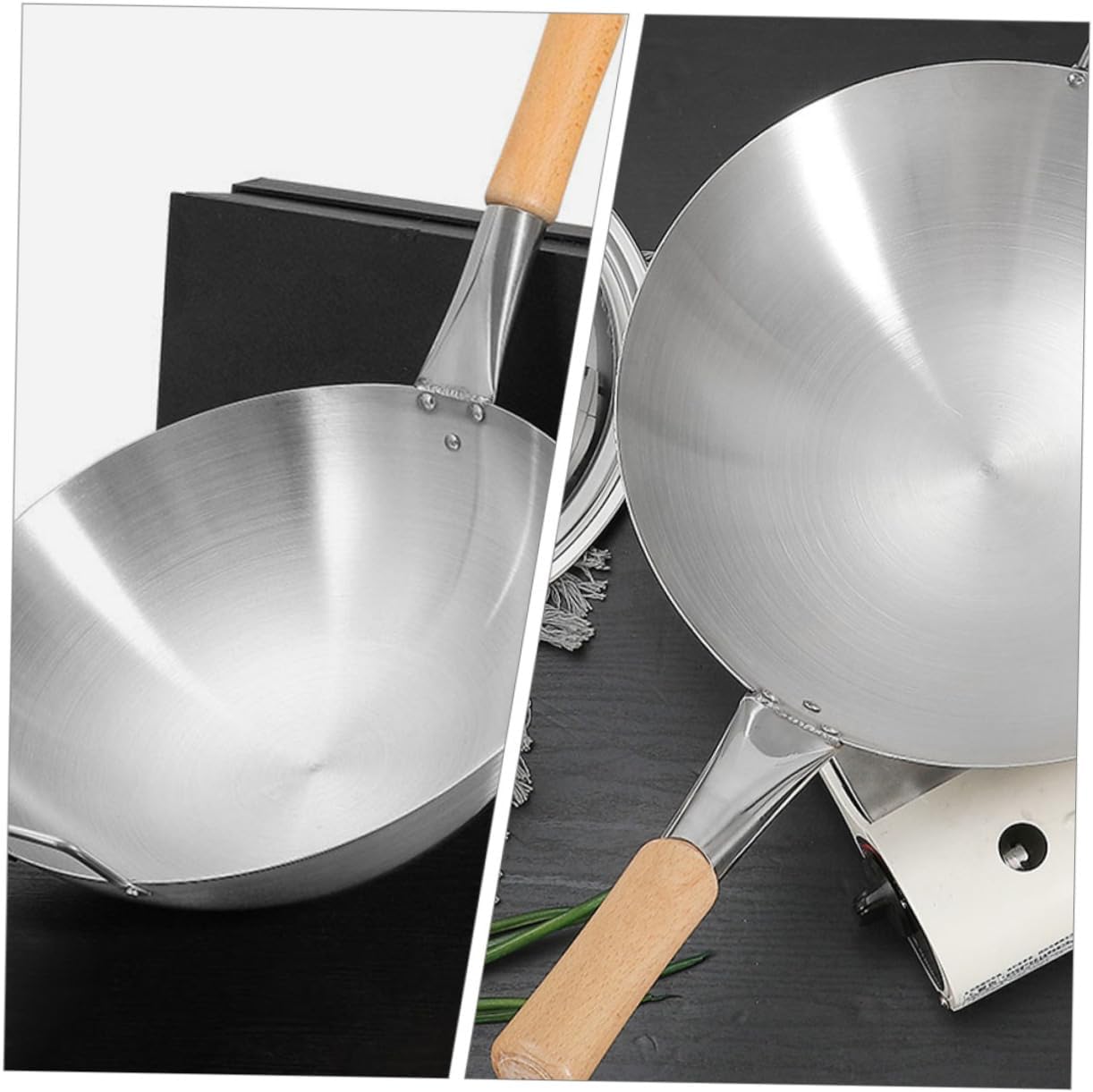 OUNONA Stainless Steel Frying Wok with Wooden Handle Portable Everyday Pan for Stir Fry Thickened Kitchen Cooking Tool Easy to Clean and Carry Suitable for Home and Commercial Use