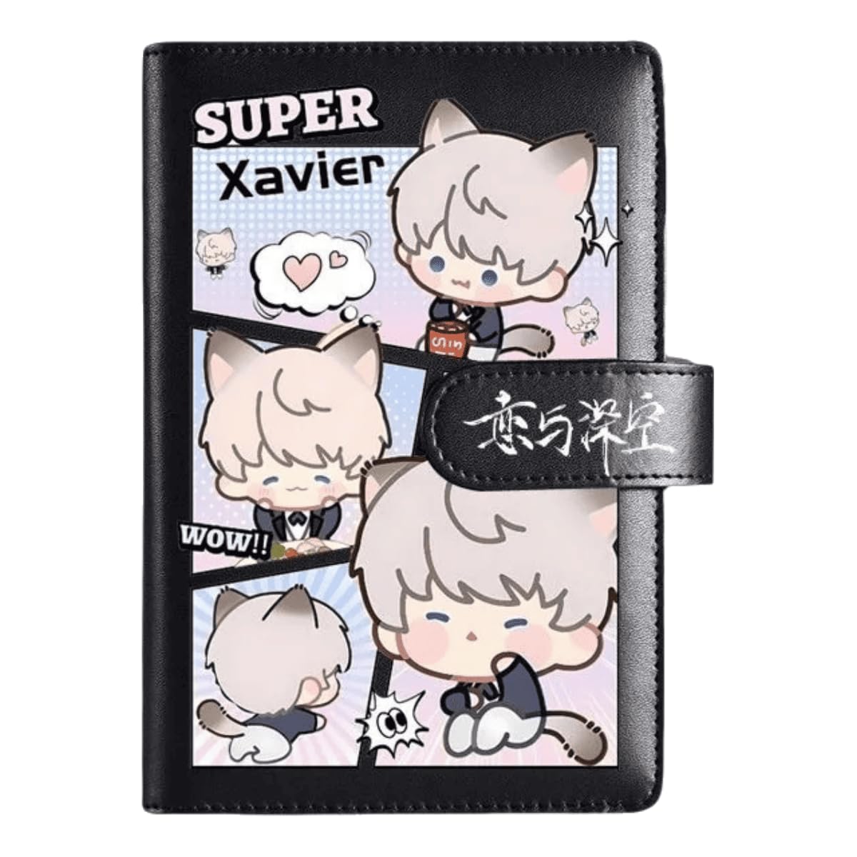 Xavier Love Deepspace Planner Journal - Black A6 PU Leather Binder with 80 Sheets (160 Pages) Grid Lines - Chibi Design for Fitness Daily Plans Fan Gifts - Zouven