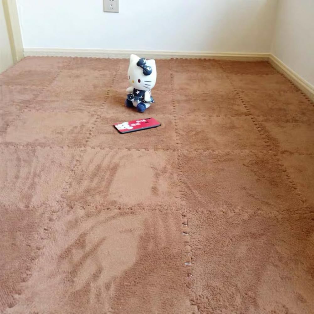 10 Tiles Interlocking Puzzle Play Mat 30x30x1cm EVA Foam Floor Mats,Fluffy Area Rug for Living Room Bedroom,Non-Slip Protective Floor Carpet (Coffee)