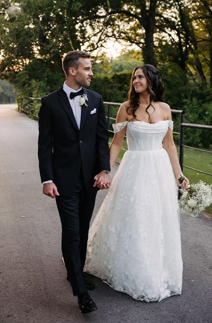 Off Shoulder Lace Applique Wedding Dress for Bride Strapless A-Line Satin Pleated Tulle Bridal Ball Gown with Corset - Image 2