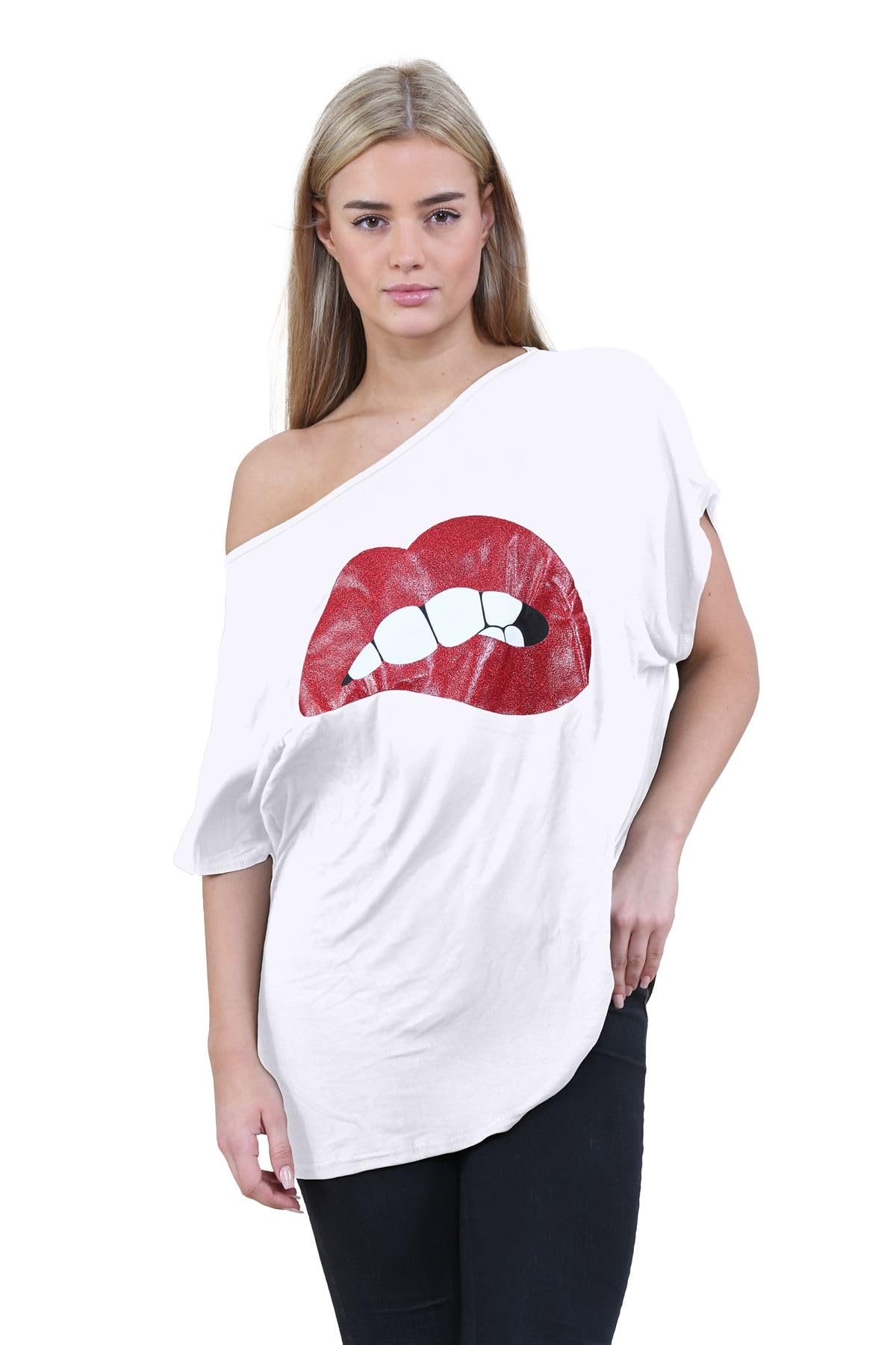 Hamishkane Women's Red Lips White New Off Shoulder Slogan Printed Batwing Sleeve Oversized T-Shirt Lagenlook Baggy Top