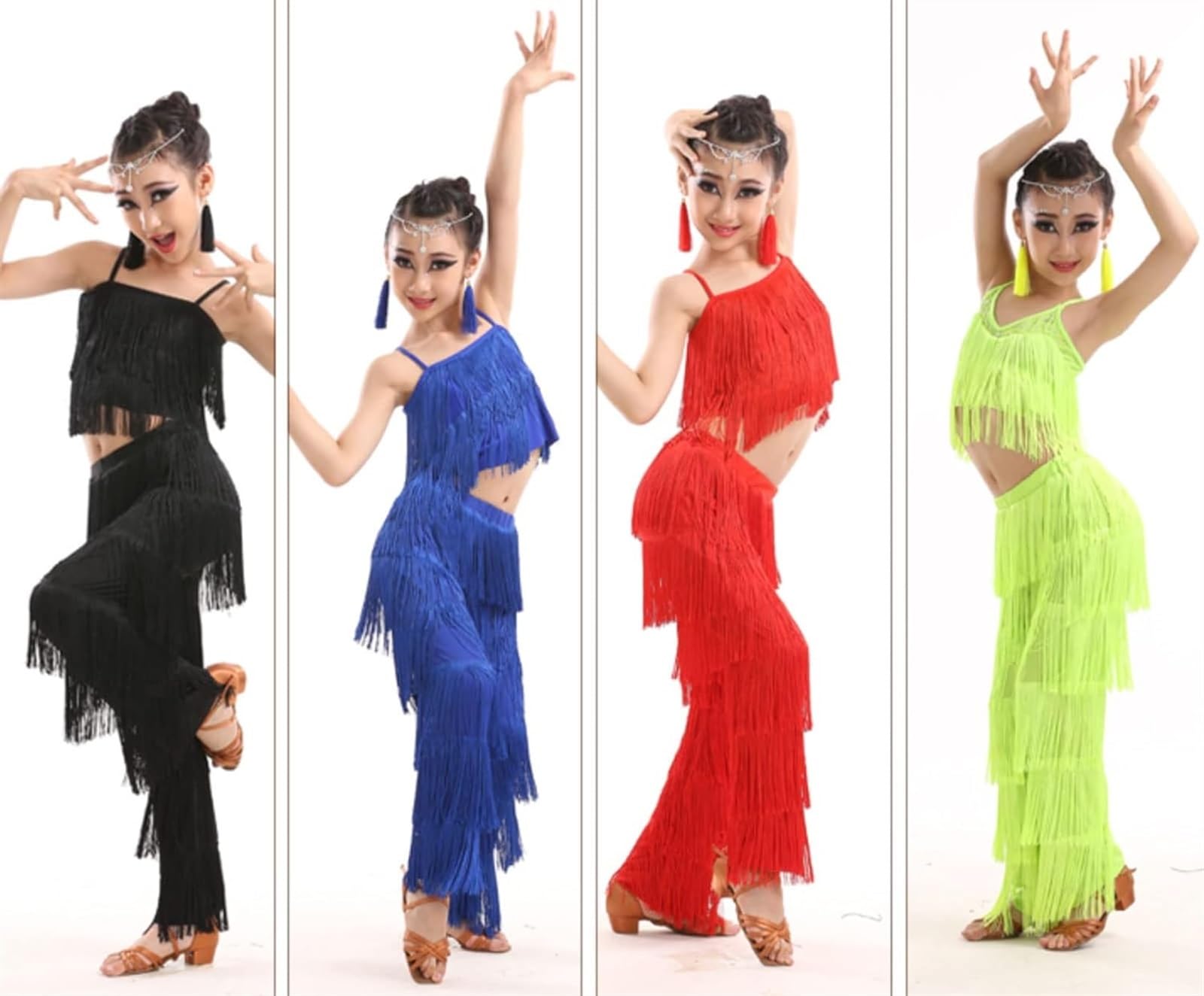 Conjunto De Baile Latino For Niñas, Pantalones De Talla Grande Con Flecos Y Borlas Y Top Sólido Con Flecos, Traje De Competición De Salsa Samba, Trajes De Práctica De Baile