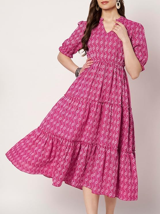 Image of PIDAVLIYA'S Women's Floral Summer Maxi Dress I Cotton Printed I One Piece Bodycon Midi Dress with V-Neck, Puffed Sleeves