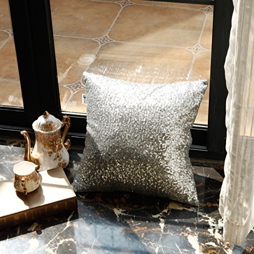 Kevin Textile Decorative Glitzy Sequin & Comfy Satin Solid Christmas Throw Pillow Cover Sham 18 Inch Square Pillow Case, Hidden Zipper Design, (2 Packs,Silver) #TOP3
