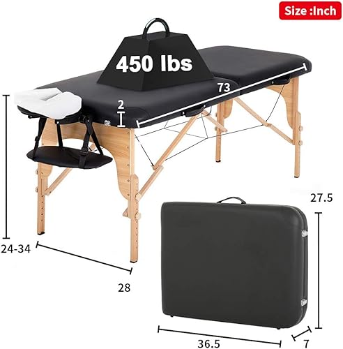 Miniatura 6 de Mesa de masaje portátil, cama de masaje, cama de spa de 73 pulgadas de largo, 28 pulgadas de ancho, mesa de masaje ajustable en altura con fundas de