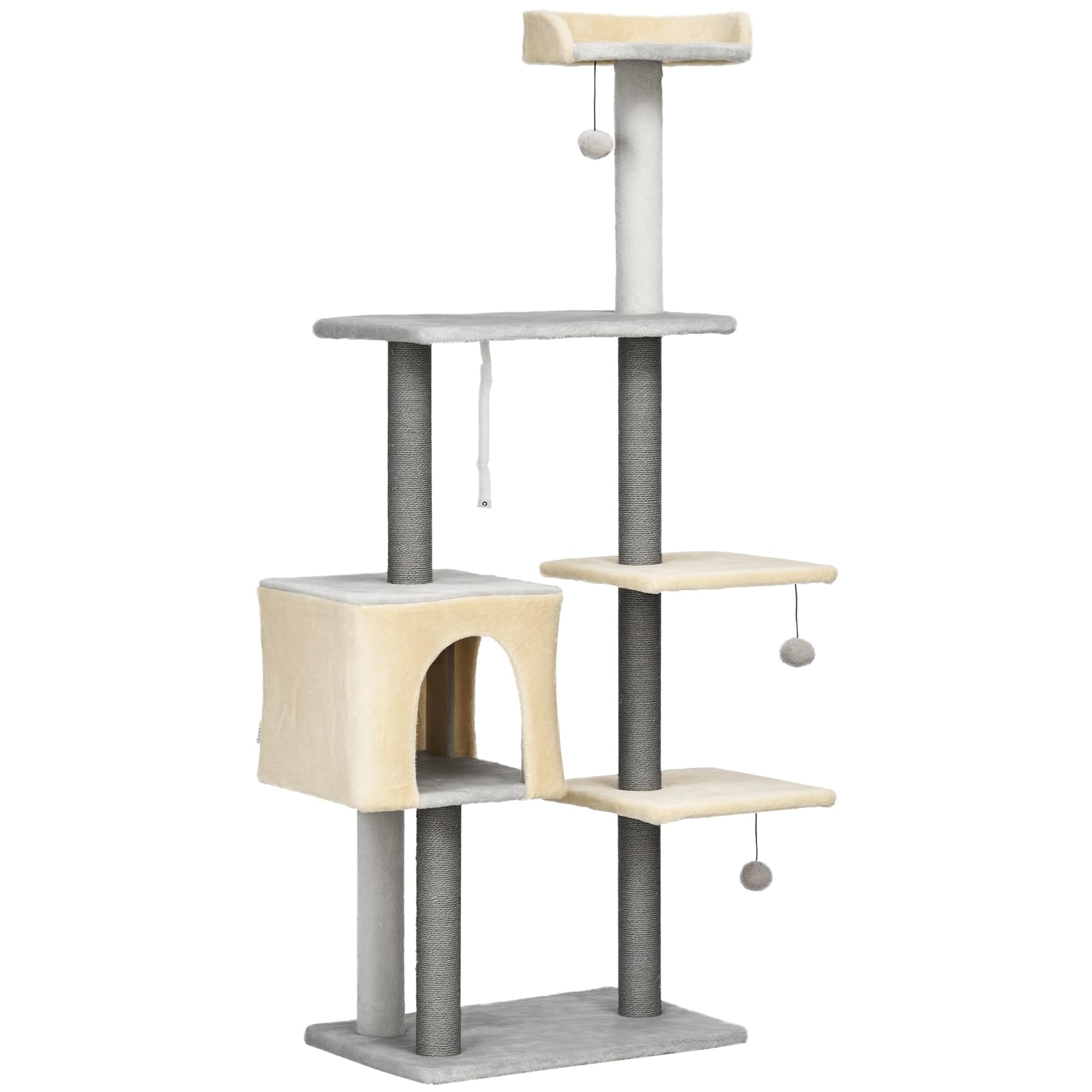 PawHut Tiragraffi per Gatti Alto 156cm con Lettino e Casetta Grigio e Beige | Pali Tiragraffi in Sisal, Legno e Peluche