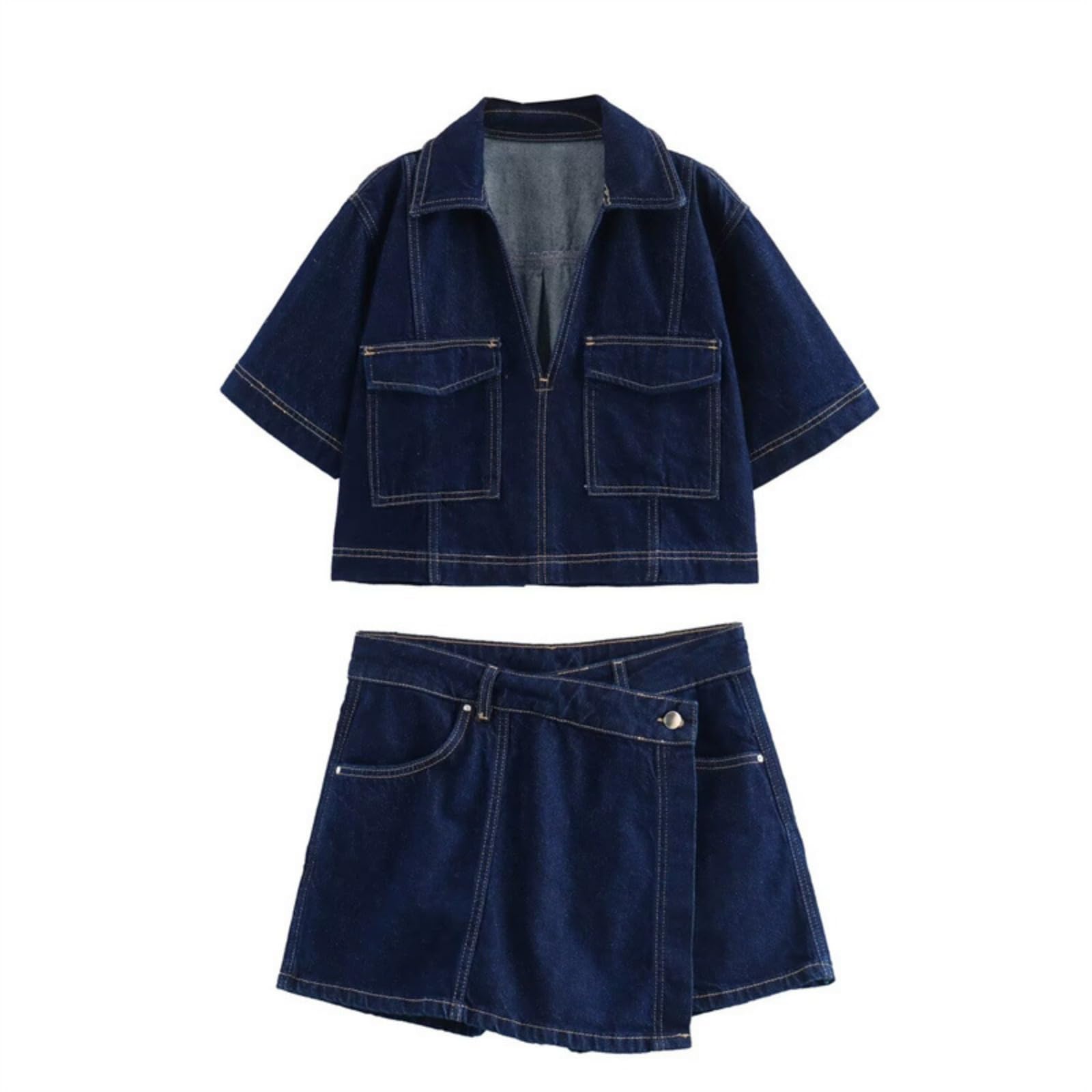 Generisch Top da donna con scollo a V, camicie estive casual per la serata fuori, polo a maniche corte con colletto, gilet in jeans retrò