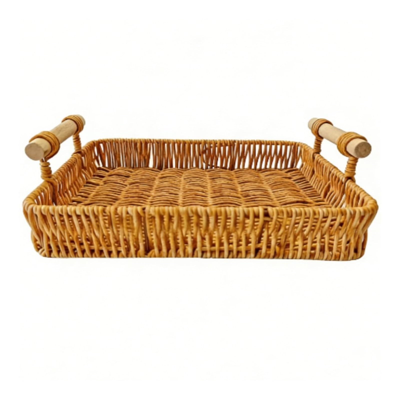 Zeiwohndc Handwoven Organizers Tray Polyethylene Wicker Look Basket with Wood Handles for Bathroom Counter and Dresser Decors Rattan Tray