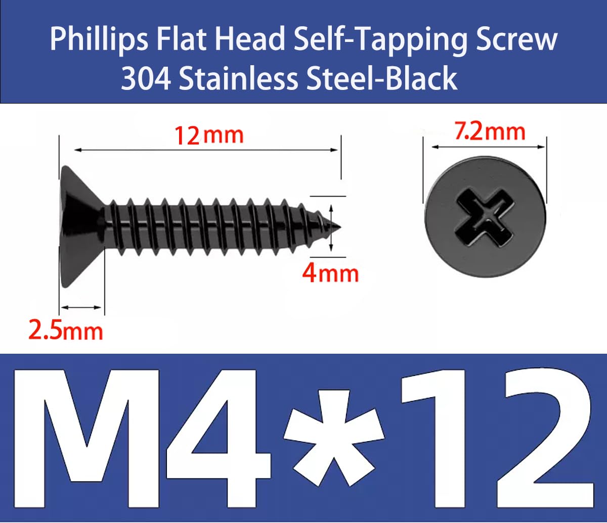 EBAIJQUO M4x12mm Phillips Flat Head Wood Screws Black Xylan Coated 304 Stainless Steel Self-Tapping Screws Full Thread for Wood/Sheet-Metal/Plasterboard(100pcs) - Image 2