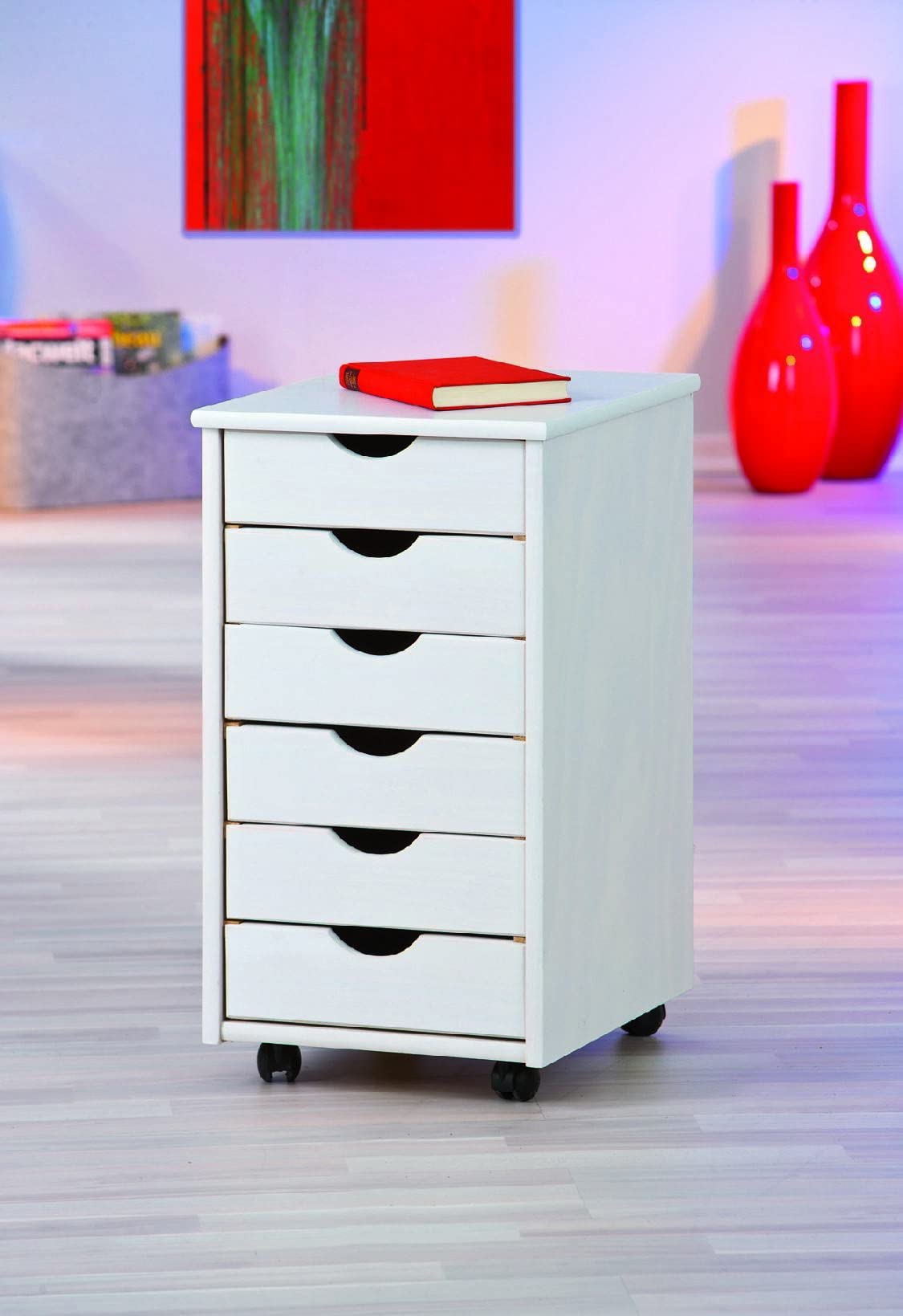 Dmora Cassettiera da Ufficio a Sei cassetti su Ruote, Colore Bianco, cm 36 x 65 x 40
