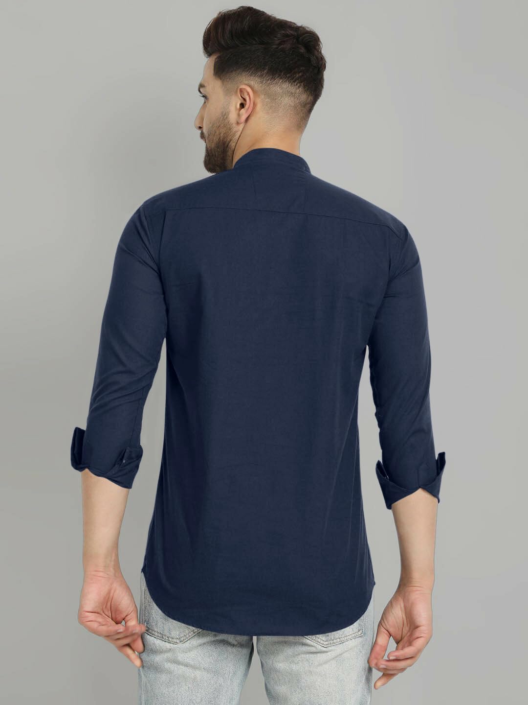 Royalscout Men's Cotton Blend Full Sleeve Short Kurta With Mandarin Collar Navy