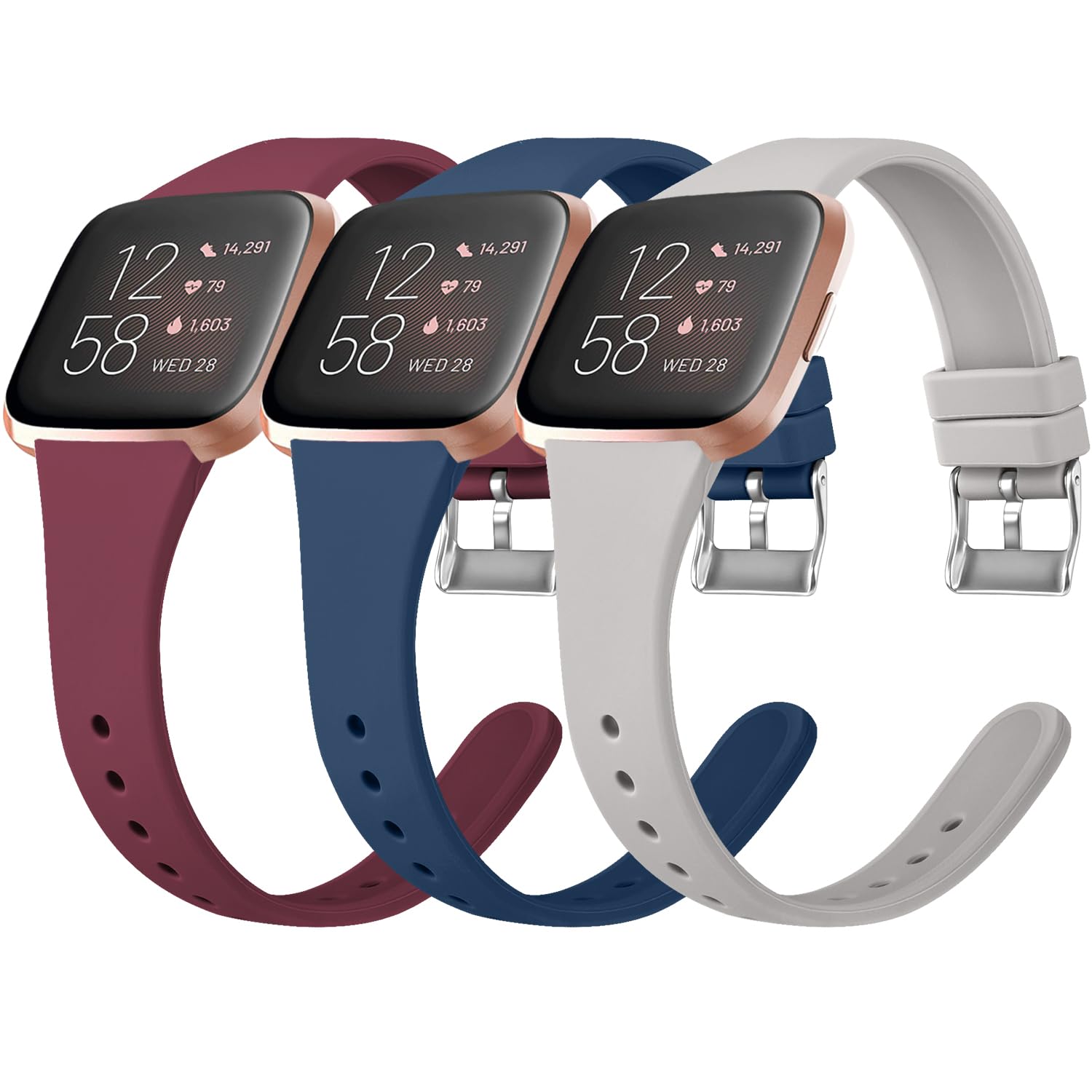 Tobfit Pack 3 Slim Bands Compatible with Fitbit Versa 2 Bands/Fitbit Versa/Fitbit Versa Lite/SE, Silicone Replacement Smartwatch Wristband for Women Men