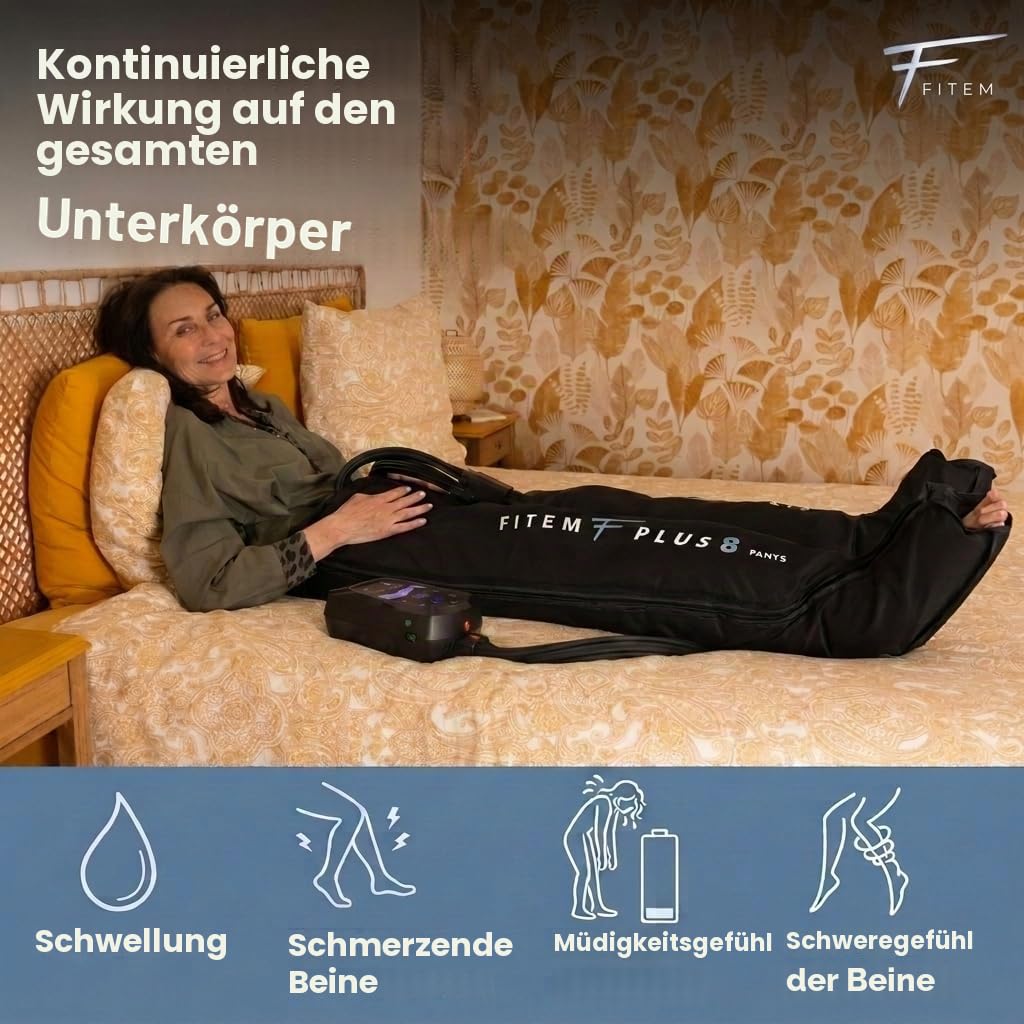 FITEM Pressotherapie Hose PLUS 8 – Lymphdrainage Gerät für Beine, Hüfte & Bauch | 8 Kammern, 6 Modi | Schwere Beine & Wassereinlagerungen | Premium Qualität