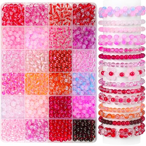 1200PCS 6mm Pink Glass Beads for Bracelets 24 Colors Red and Pink Series Crystal Beads Bracelet Making Kit and Jewelry Making Bracelet Beads for Necklace Earring Crafts DIY