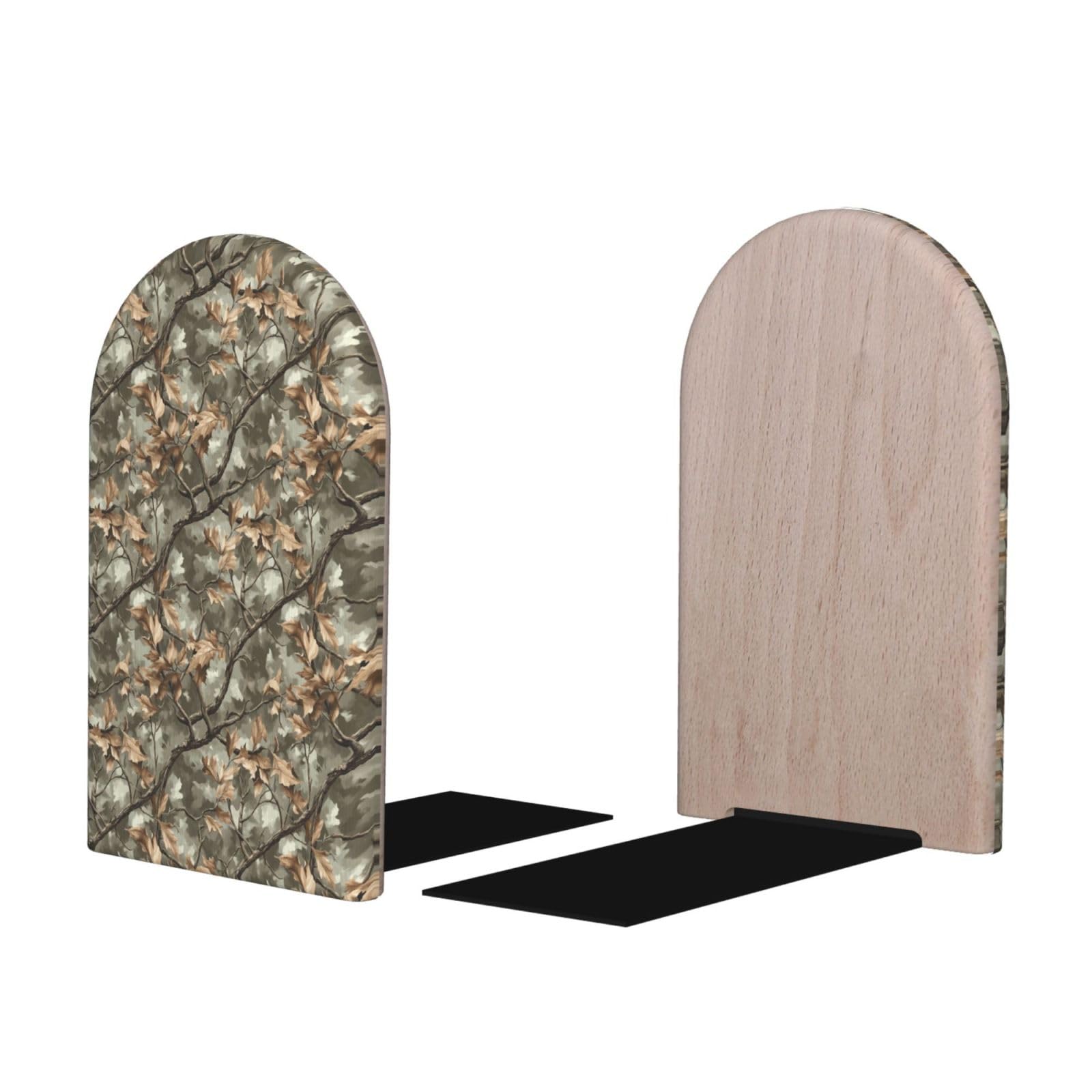 Gray Camouflage Leaves Print BookEnds 1 Pair, Decorative Bookends for Heavy Books, Wood Book Ends for Shelves, Book Organizer for Home Desk Office Supplies