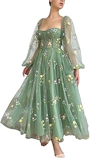 Women's Puffy Sleeve Prom Dresses Flower Embroidery Tulle Formal Evening Party Gowns - Buy now