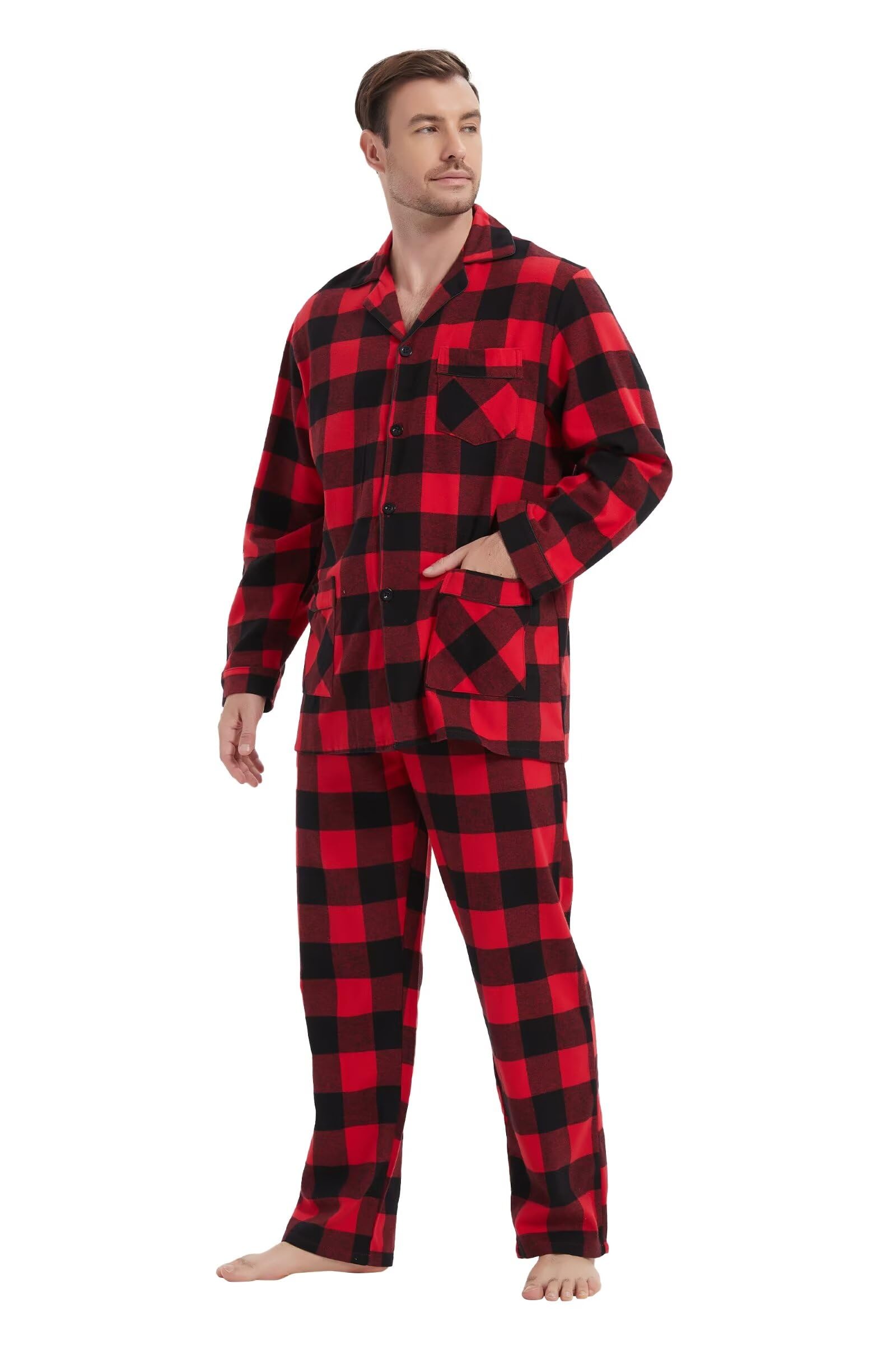 Pigiama da uomo in 100% flanella di cotone tinto in filato a quadri, comodi pantaloni pigiama con tasche e coulisse in vita, pigiama invernale da uomo