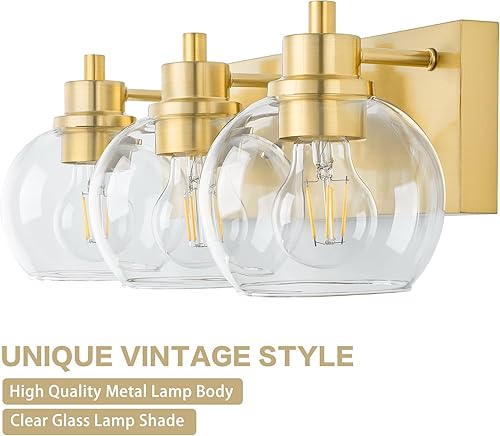 Miniatura 5 de Tuscarora Lámpara de baño dorada, luz dorada de 3 luces, luz de tocador de baño dorada cepillada con pantalla de vidrio transparente, luz de baño