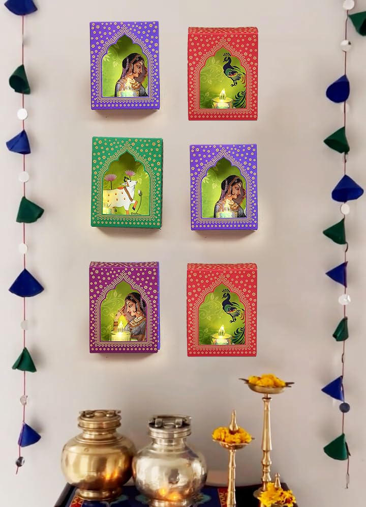 Image of CraftVatika Jharokha Diyas Set of 6 Diwali Decoration Items, Wall Hanging Decor Items Home Decor Festive Decor Items, DIY Craft Traditional Jharokha Box for Hanging
