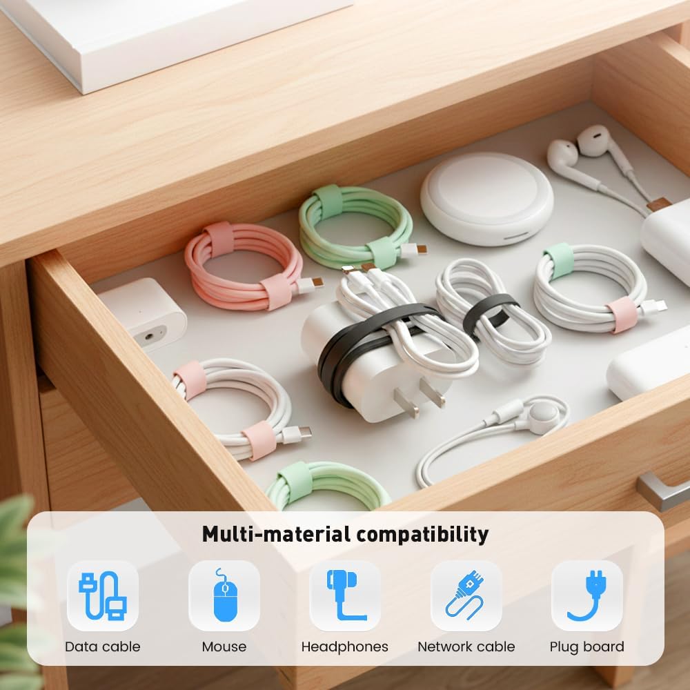 Data Cable Organizer, 2026 Upgrade Reusable Silicone Cable Ties, Elastic Cord Management Straps for Fastening and Bundling Various Cable Cords Wires (10pc)