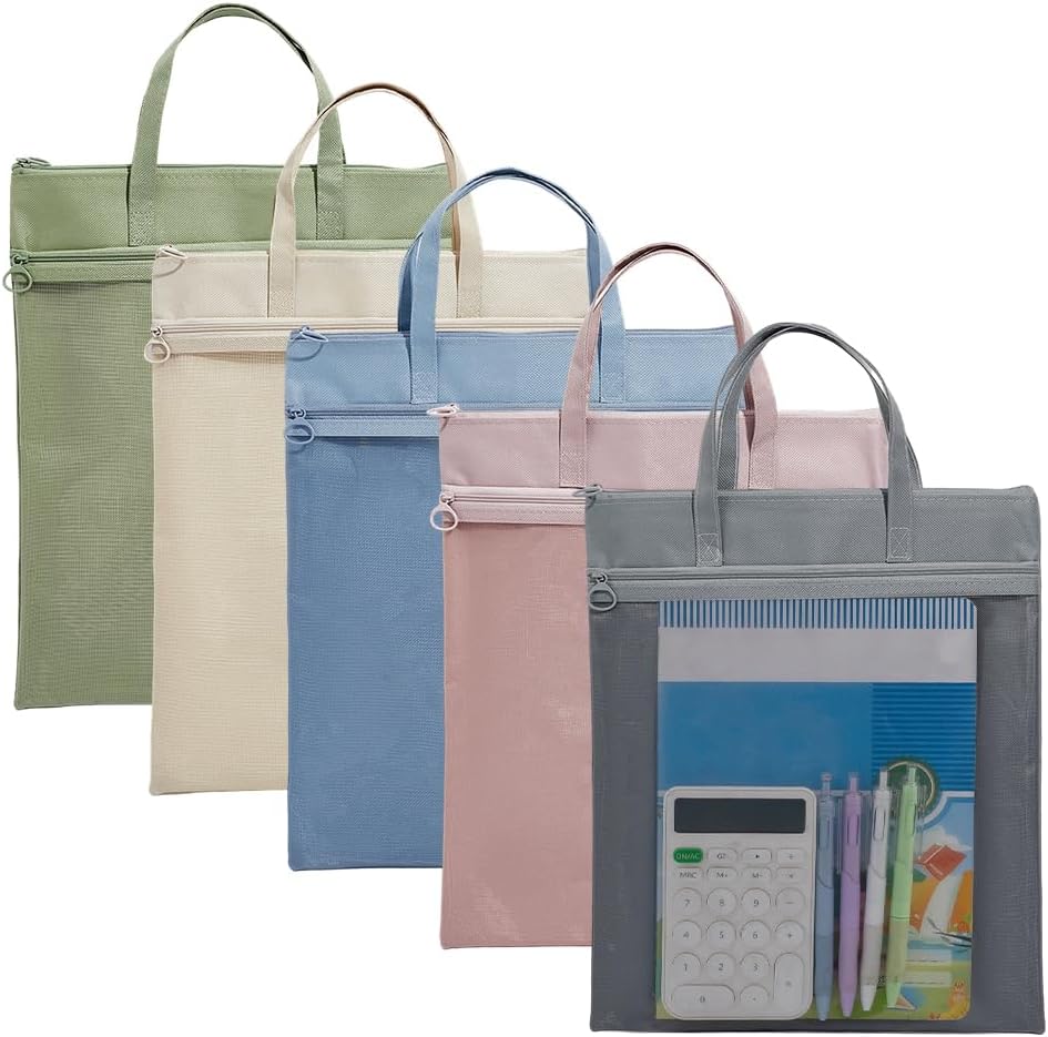 PH PandaHall 5 Colors Mesh Zipper Pouch Bags, 5pcs Nylon Mesh Document Bag A4 File Bags with Handle for Travel Office Supplies Craft Hobby Art Storage Bags Pencil 11x13.7 Inch