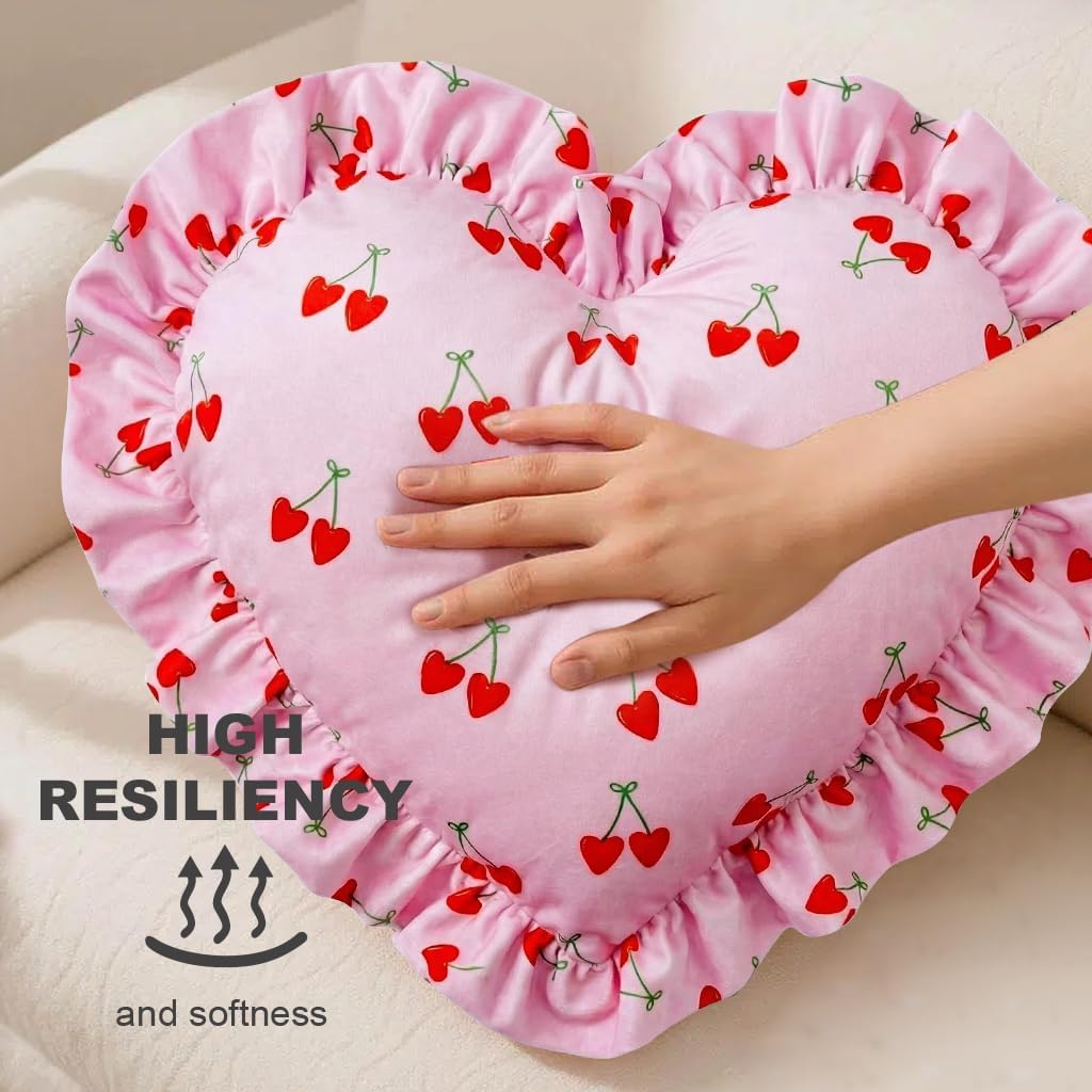 Pink Heart Pillow with Ruffles 19x16 Inches, Cute Cherry Printed Heart Shaped Pillows,Valentines Day Decorations Pillow,Wedding Decor, Women Girls Home Decoration