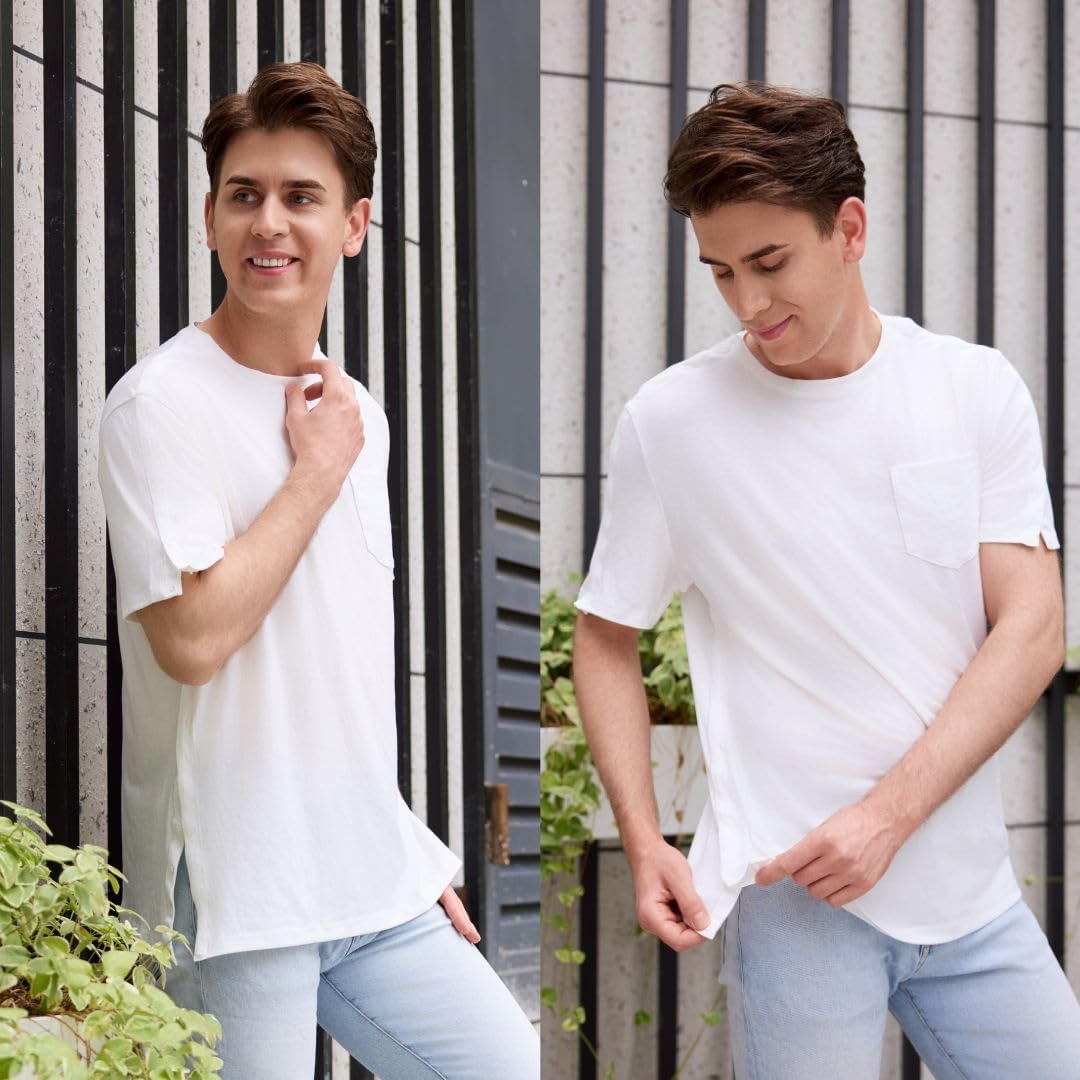 Deyeek Men's Post Shoulder Surgery Shirts Recovery Tear Away Short Sleeve Full Open Side Snap Adaptive Chemo Clothing - Image 2