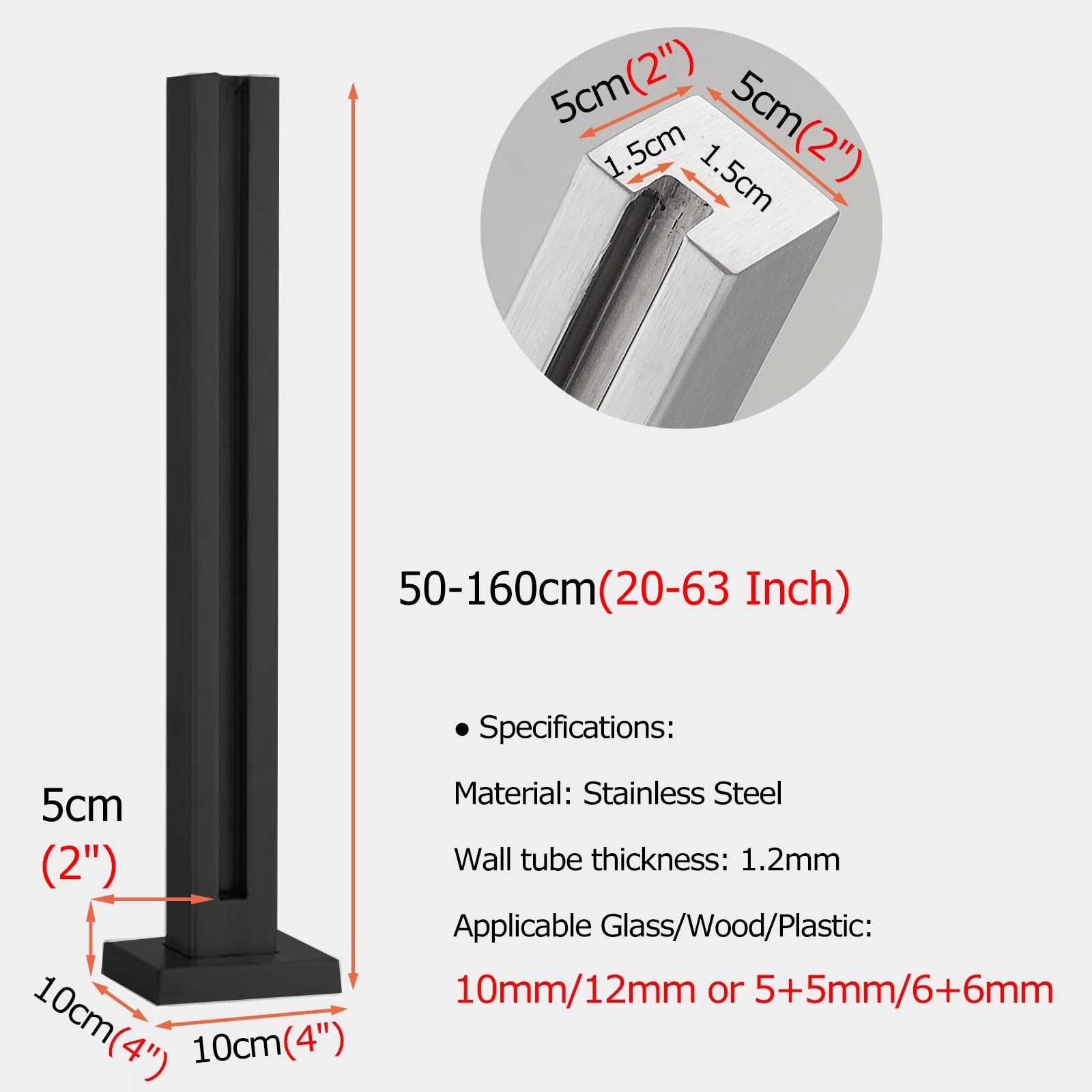 Palo per ringhiera a balaustra in vetro con fessure per spigot e base robusta per paesaggi interni ed esterni, altezza 130-60 cm