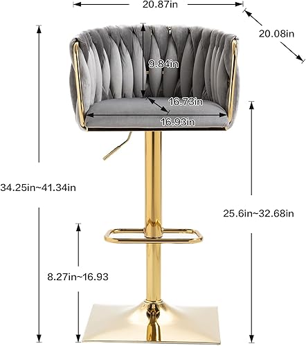 Miniatura 3 de Lin-Utrend Taburetes de bar giratorios de terciopelo de 360, reposapiés y altura ajustable, elegante juego de taburetes de bar dorados para