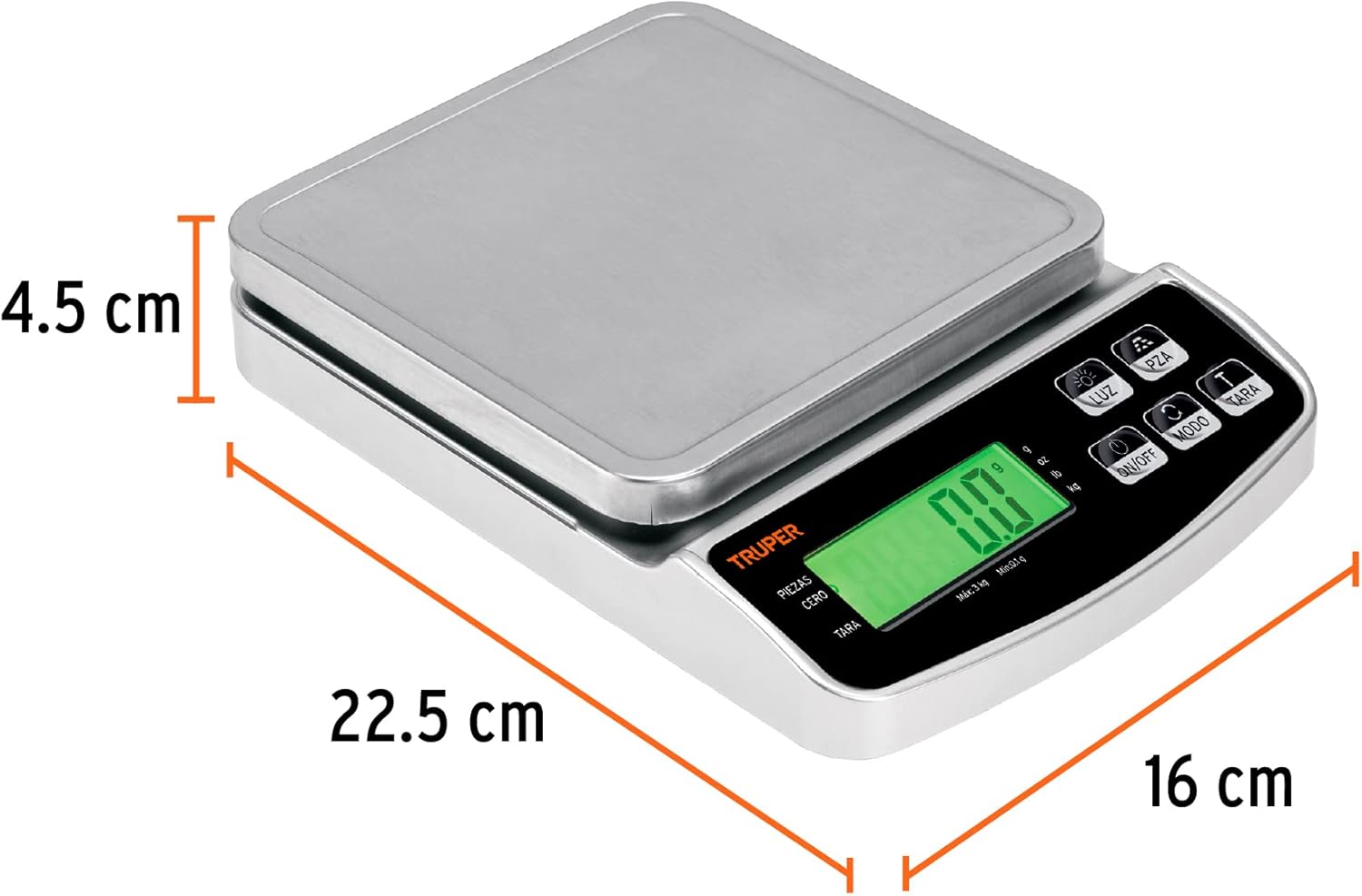 Truper BASE-3 Digital Precision Scale showing its dimensions: 22.5 cm length, 16 cm width, and 4.5 cm height.