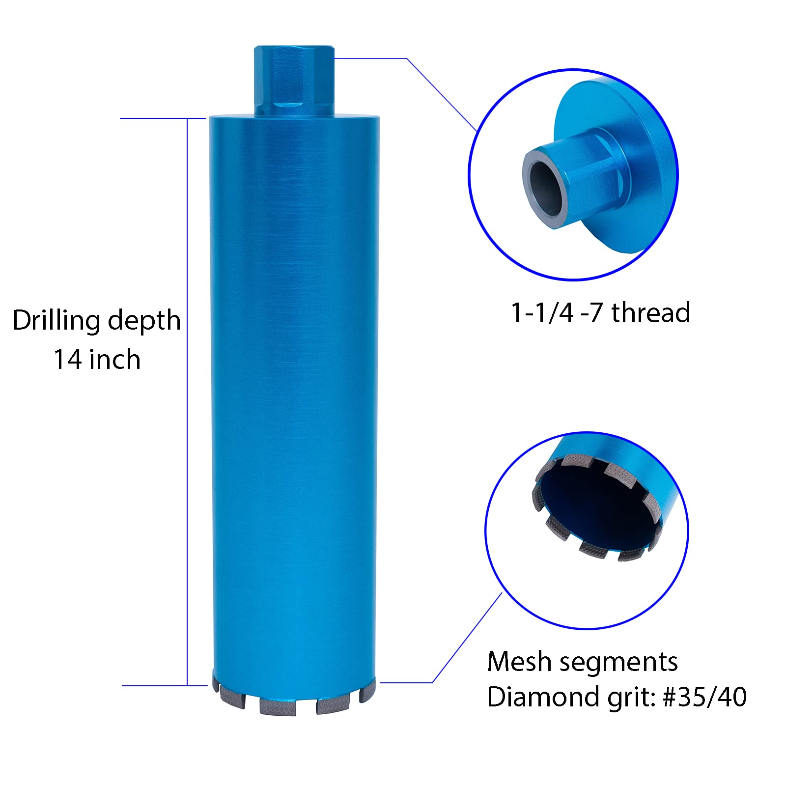 Punte per carotaggio a umido da 4-1/4 pollici, punta per carotaggio con profondità di foratura di 14", punta per carotaggio con filettatura da 1-1/4"-7 per calcestruzzo, calcestruzzo armato, mattoni