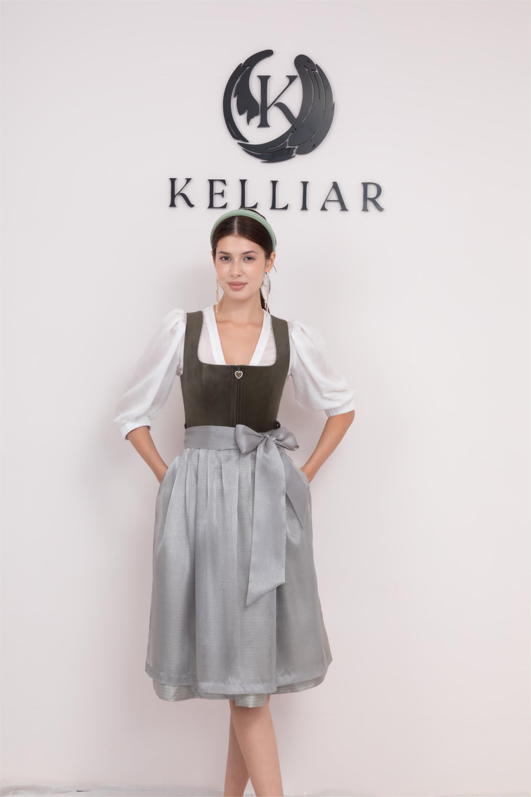 Damen Dirndl Moosgrünes/Grün 65cm/70cm,Elegant (Ohne Dirndlbluse) | Dirndl Grün,Dunkelgrüne,Velours-Mieder,mit Samt,Trachtenmode,Eckiger Ausschnitt,Dirndl Lang,für Oktoberfest Größe 36-44