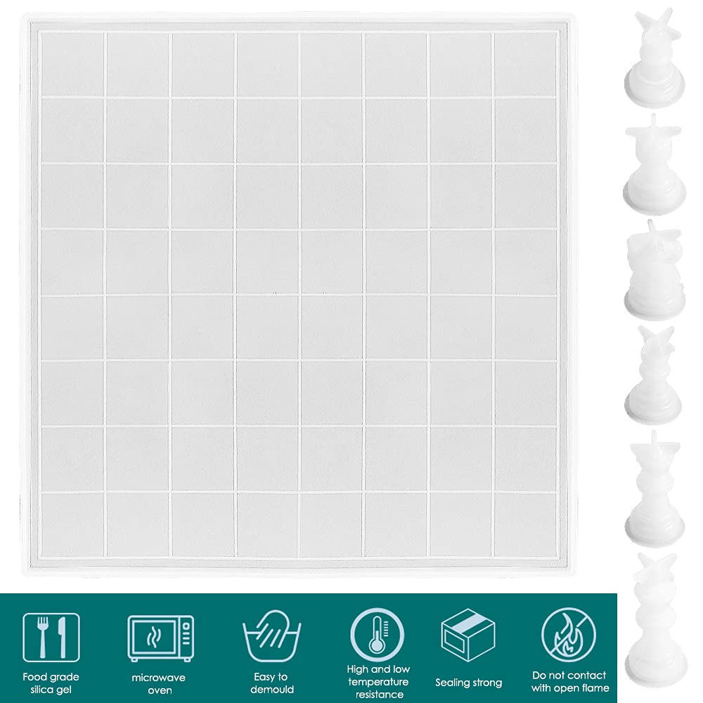 SENHAI Juego de moldes de resina para tablero de ajedrez, 1 tablero de juegos de tablero de silicona y 16 piezas de ajedrez 3D moldes de fundición de resina, para hacer manualidades, juegos de mesa
